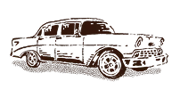 A vintage car sketch in brown on a black background, side view, with classic rounded body lines and wheels, hand-drawn style.